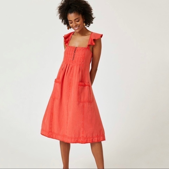 NWT Anthropologie Pilcro Linen Flutter Sleeve Midi Apron Dress Red XXS - Small - Picture 2 of 15